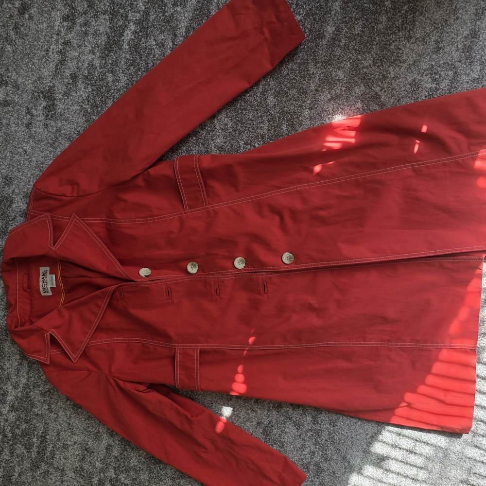 MICHAEL KORS Jacket Womens Large Trench Coat Hoodie Snap Full Zip Belted Orange